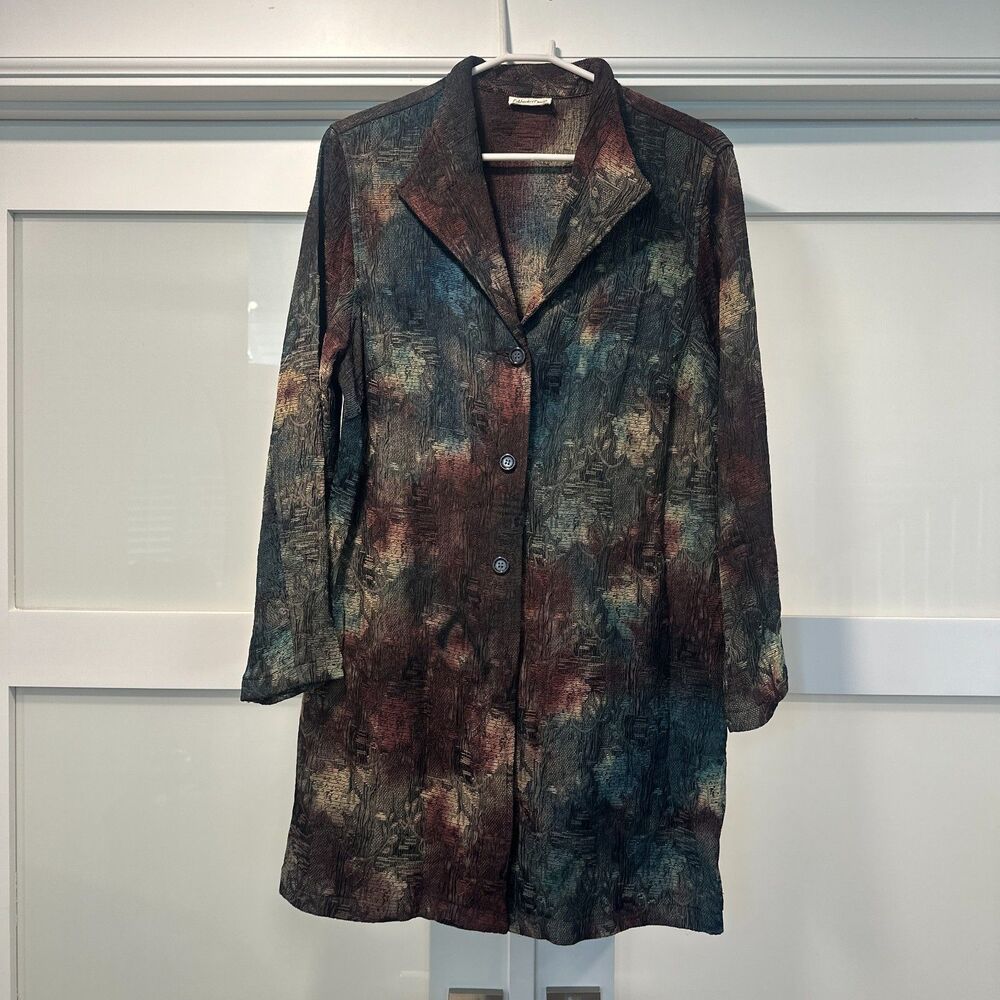 Vintage Abstract Floral Tapestry Crinkle Woven Button Front Duster Coat ~Large